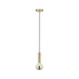 Moderne Pendelleuchte aus goldfarbenem Metall mit schwarzem Kabel und halbdurchsichtiger Glühbirne