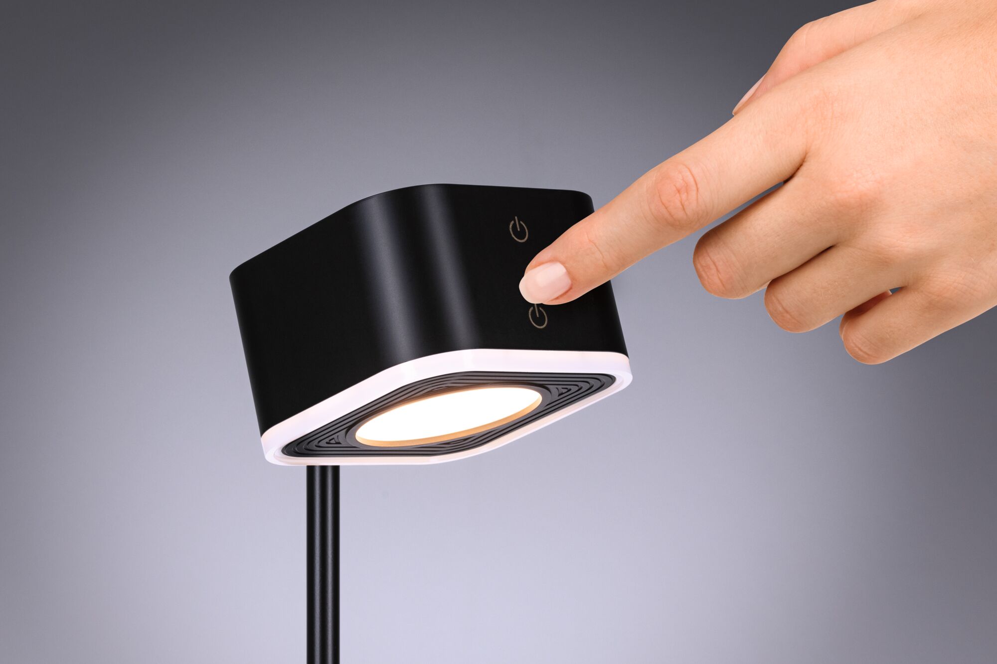 Black LED desk lamp with touch switch and white light, modern design for workspaces