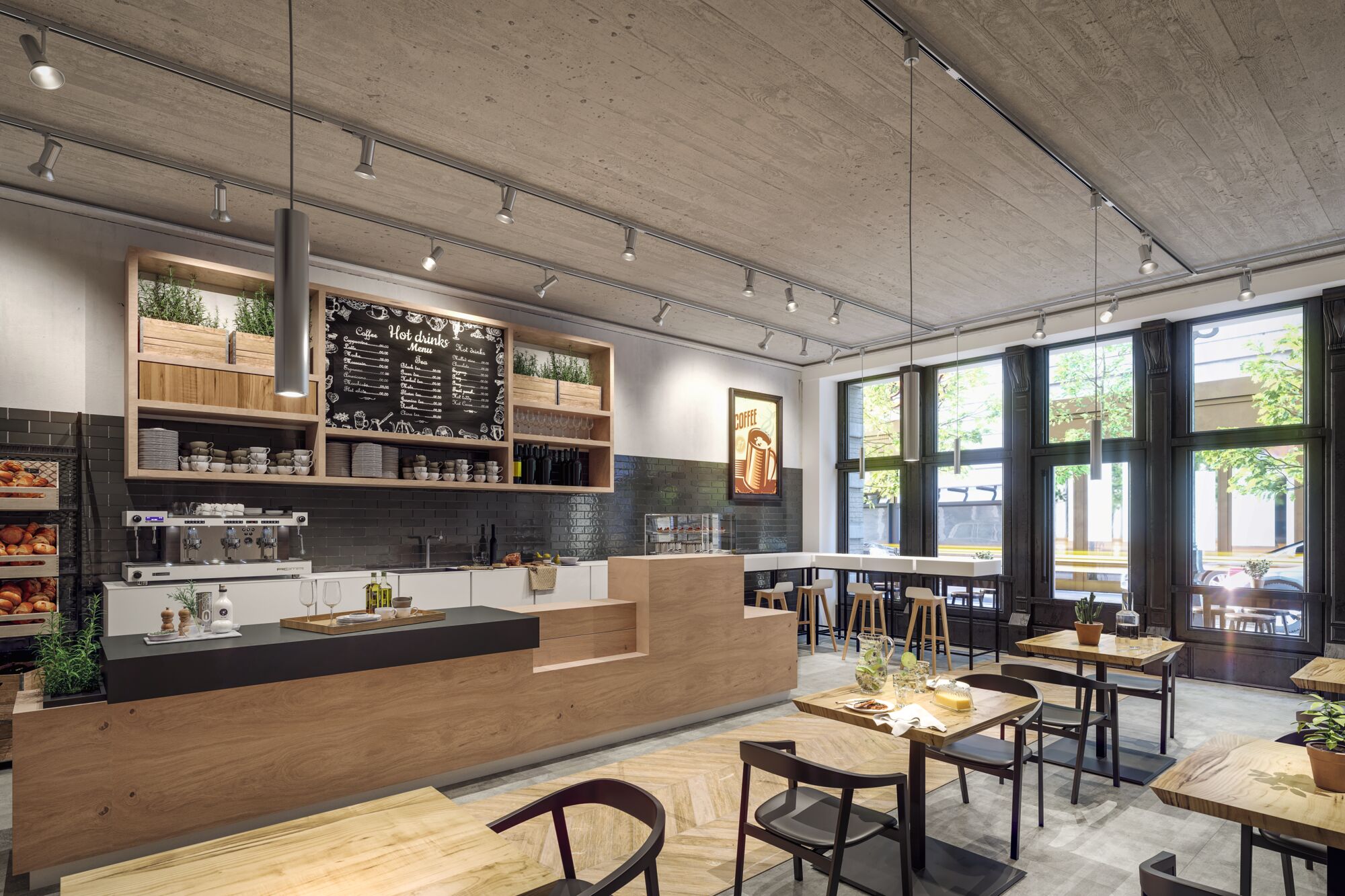 Modern café met houten balie, zwarte hanglampen en grote ramen voor een gezellige sfeer