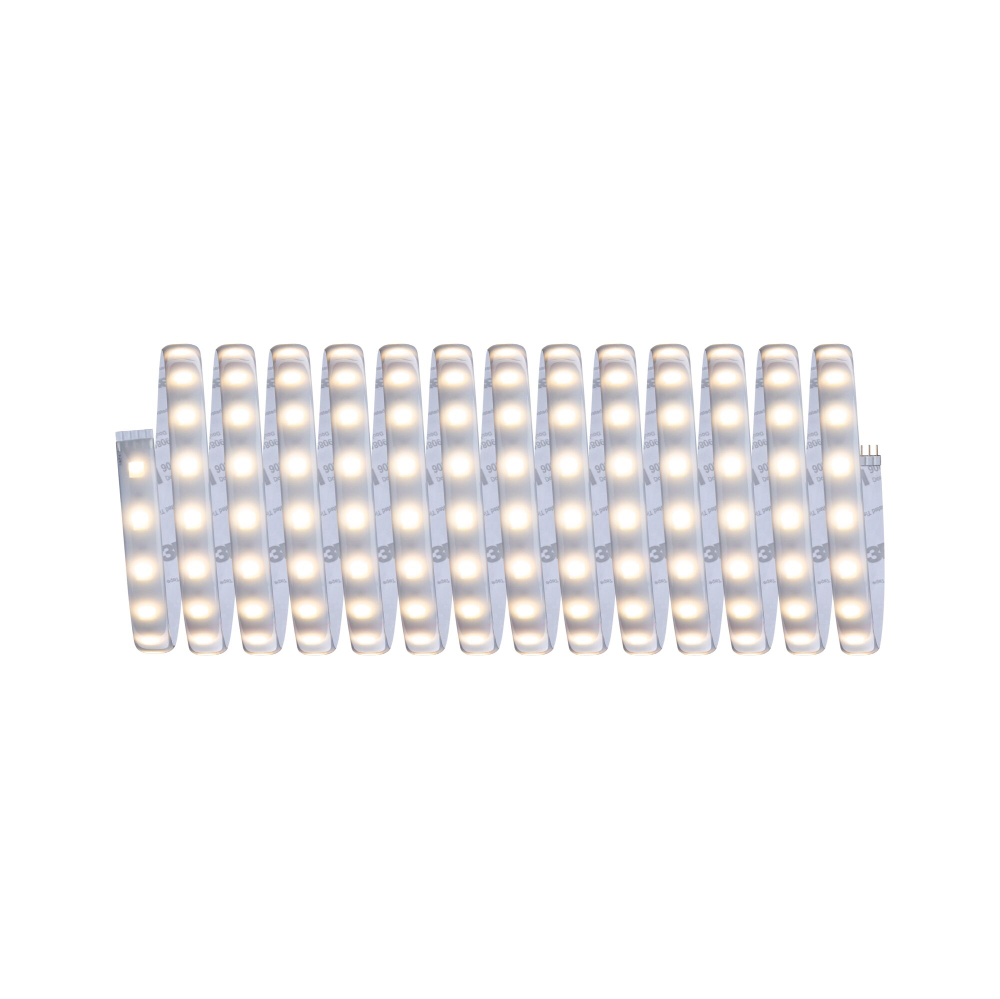 Flexible LED strip light with warm white glow and adhesive backing for versatile lighting solutions.