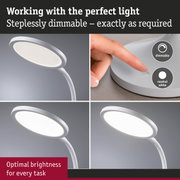White dimmable LED desk lamp with flexible neck and neutral white light for optimal brightness and task lighting.