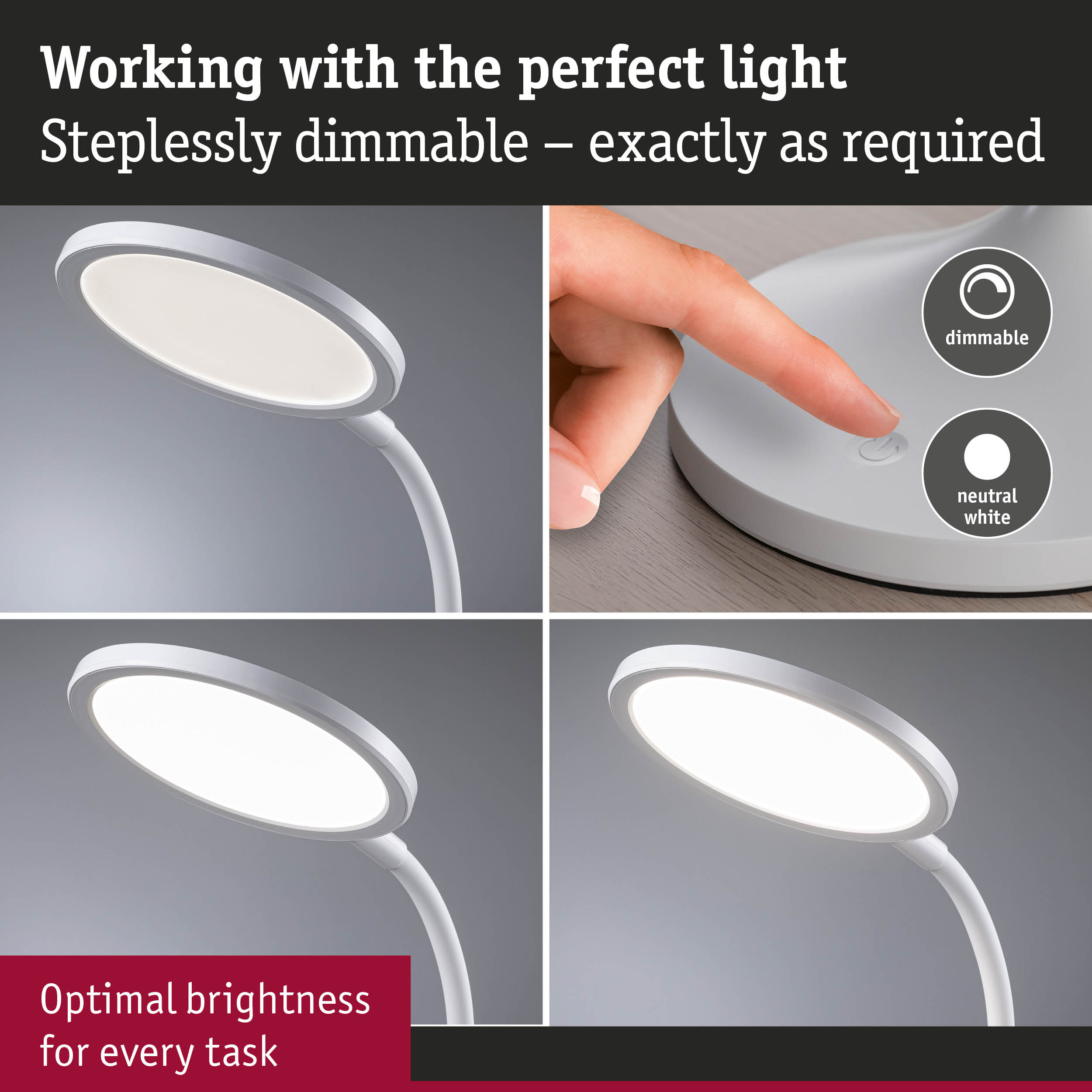 White dimmable LED desk lamp with flexible neck and neutral white light for optimal brightness and task lighting.