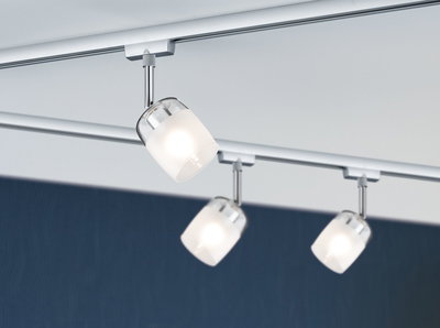 Three modern ceiling spotlights with frosted white glass and chrome mounts for stylish room lighting
