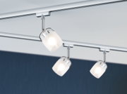 Three modern ceiling spotlights with frosted white glass and chrome mounts for stylish room lighting