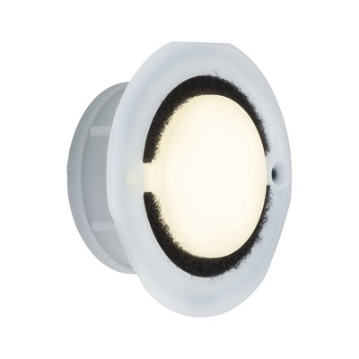 Round LED recessed light with white plastic housing and black sealing ring for indoor lighting