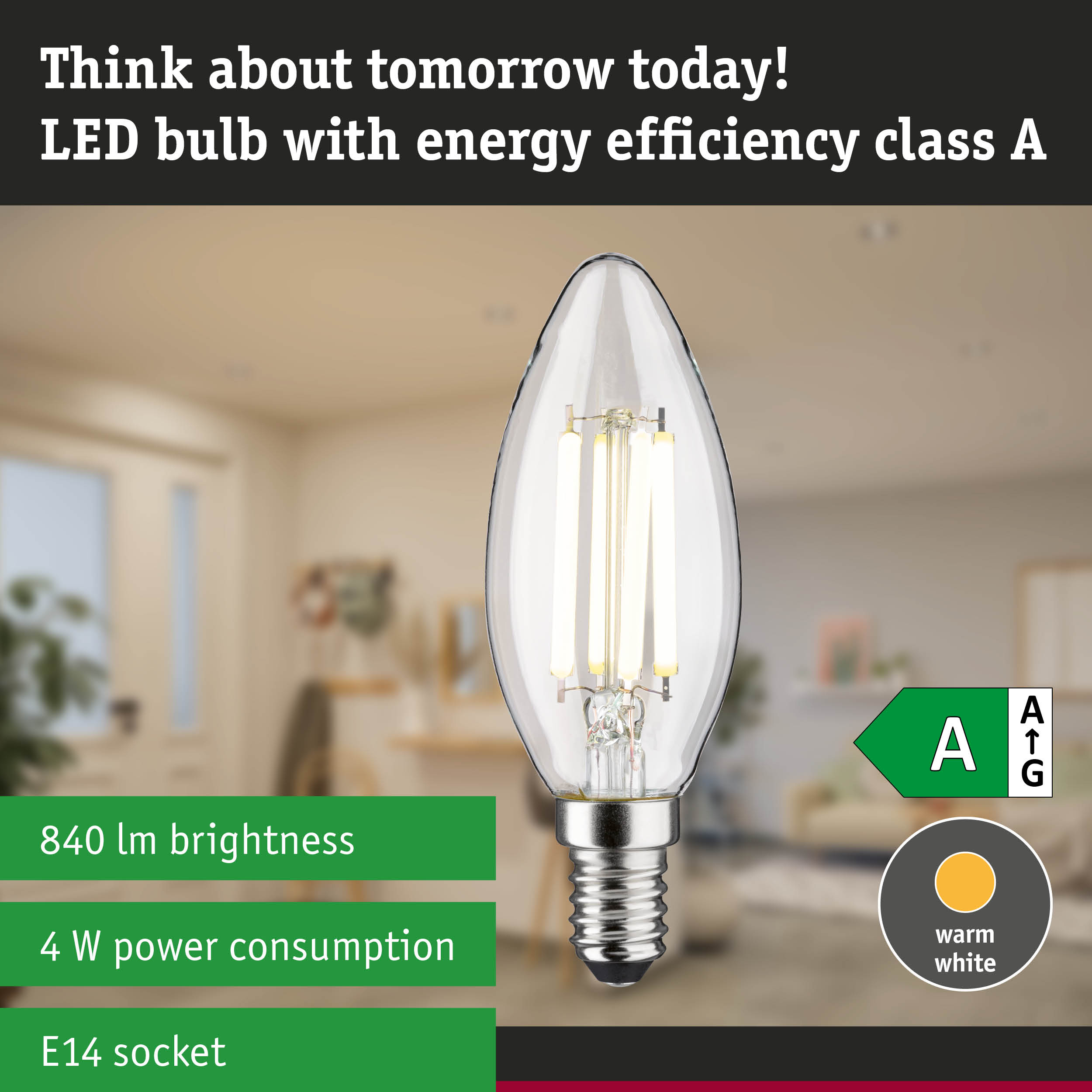 Clear candle-shaped LED bulb with neutral white light and ultra-efficient energy saving