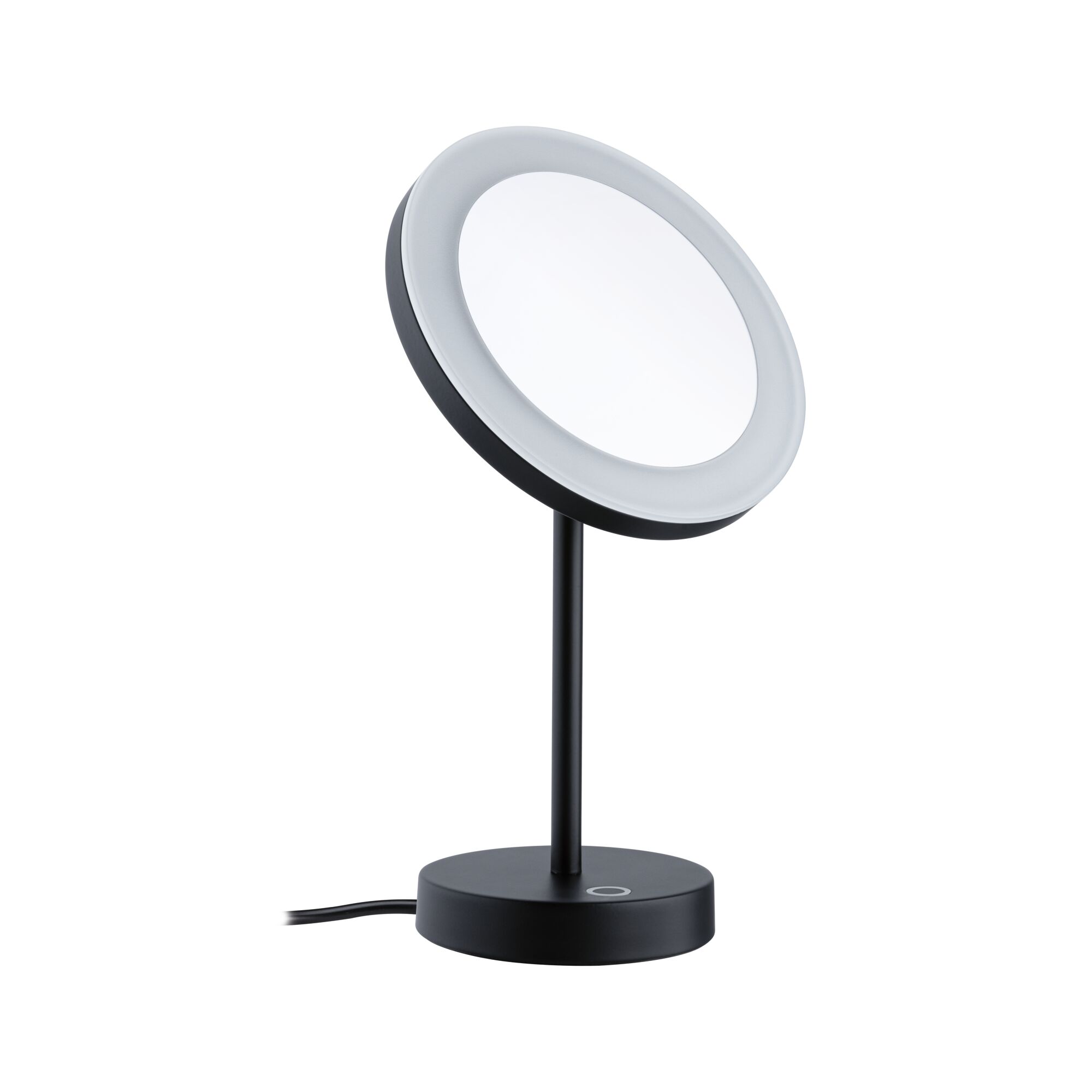 Black LED table mirror with round light and touch switch for precise makeup application.