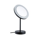 Black LED table mirror with round light and touch switch for precise makeup application.