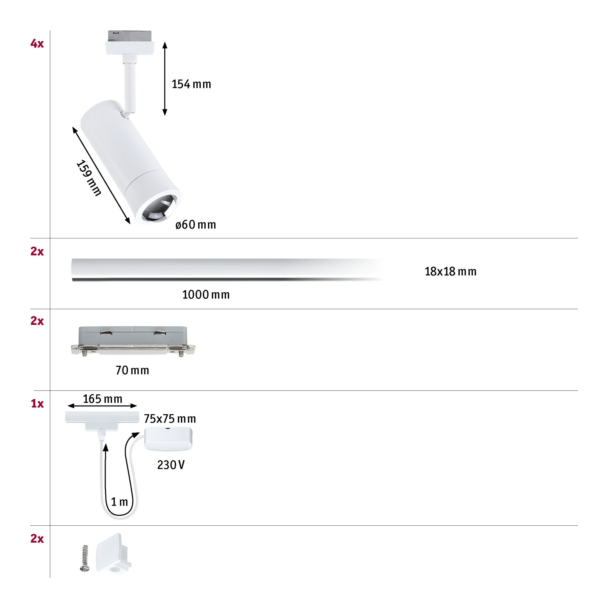 URail Kolejnicový reflektor Smart Home Zigbee Tarie Napájecí kabel 4x4,5W 230V Bílý signál