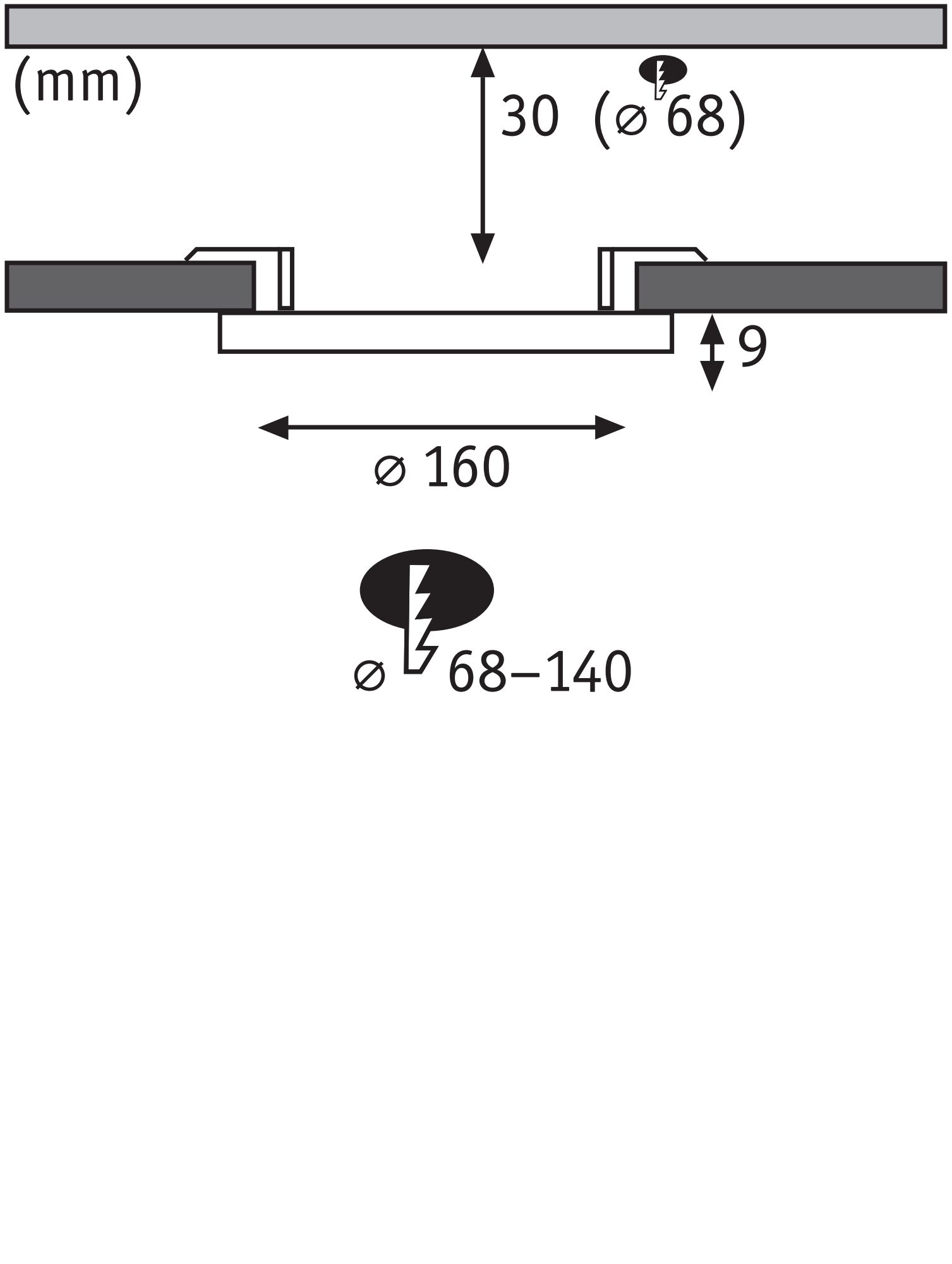 Technical drawing showing recessed light dimensions Ø160 mm, installation depth 30 mm, cutout Ø68 mm