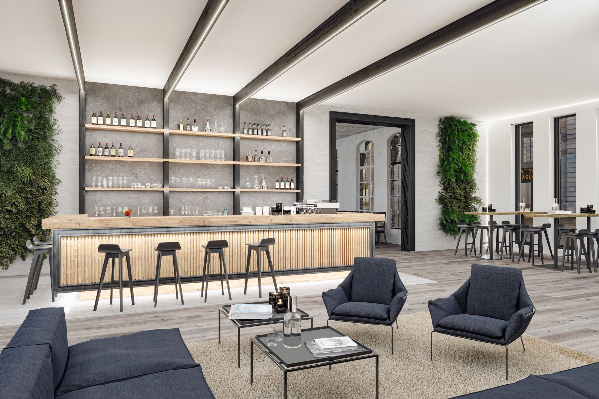 Salon moderne avec bar en bois, tabourets noirs, fauteuils bleus et éclairage LED au plafond