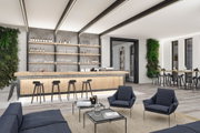 Modernes Barinterieur mit Holztheke, schwarzen Barhockern und LED-Deckenbeleuchtung für Gastronomie