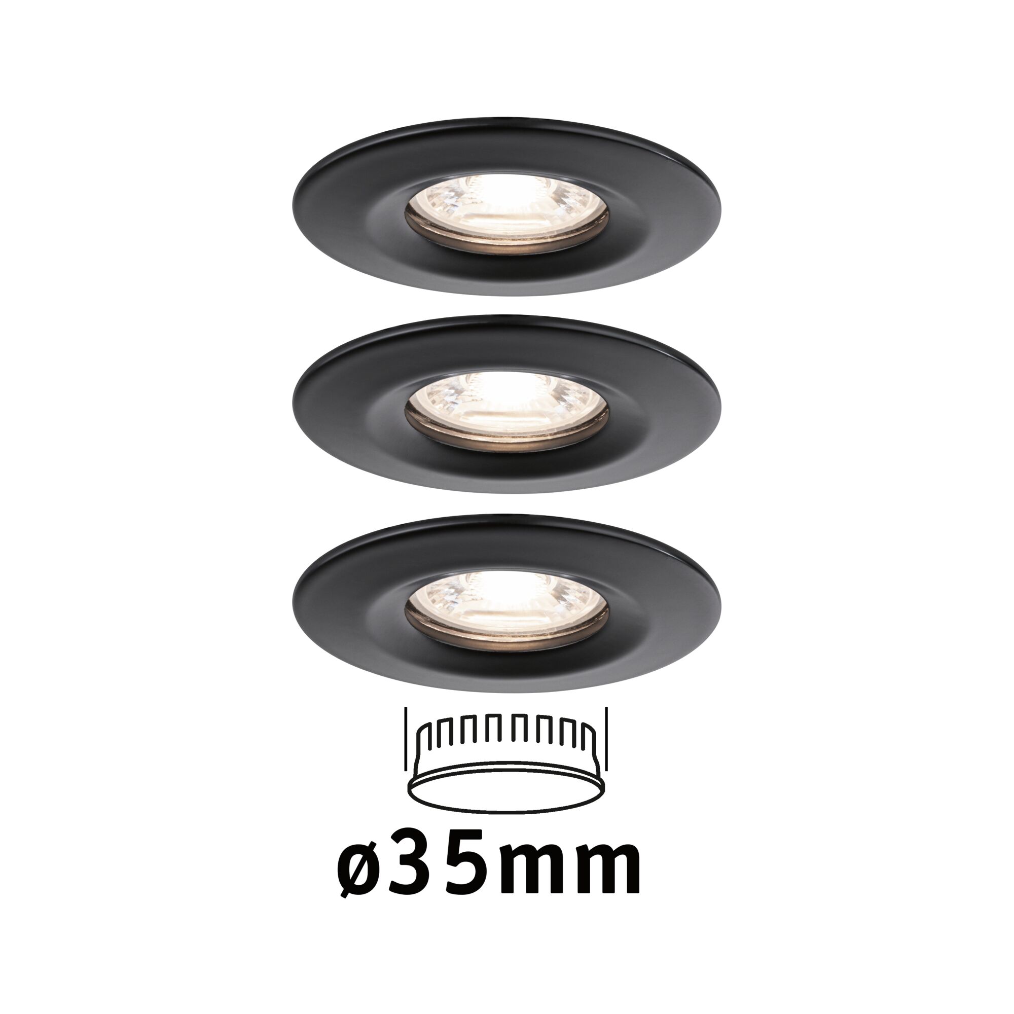Three black metal recessed spotlights with 35 mm diameter for modern LED lighting