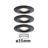 Three black metal recessed spotlights with 35 mm diameter for modern LED lighting