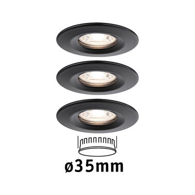 Three black metal recessed spotlights with 35 mm diameter for modern LED lighting