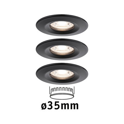 Drei schwarze Einbaustrahler aus Metall mit 35 mm Durchmesser für moderne LED-Beleuchtung