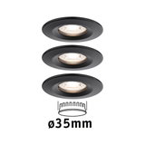 Drei schwarze Einbaustrahler aus Metall mit 35 mm Durchmesser für moderne LED-Beleuchtung