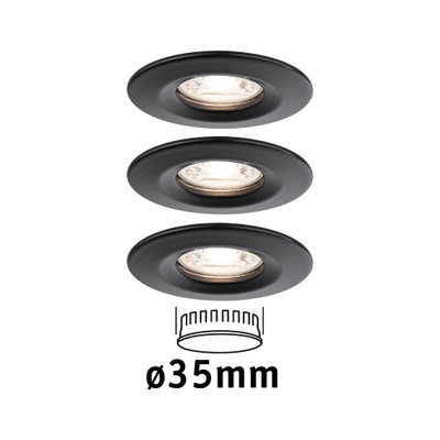 Drie zwarte metalen inbouwspots met 35 mm diameter voor moderne LED-verlichting