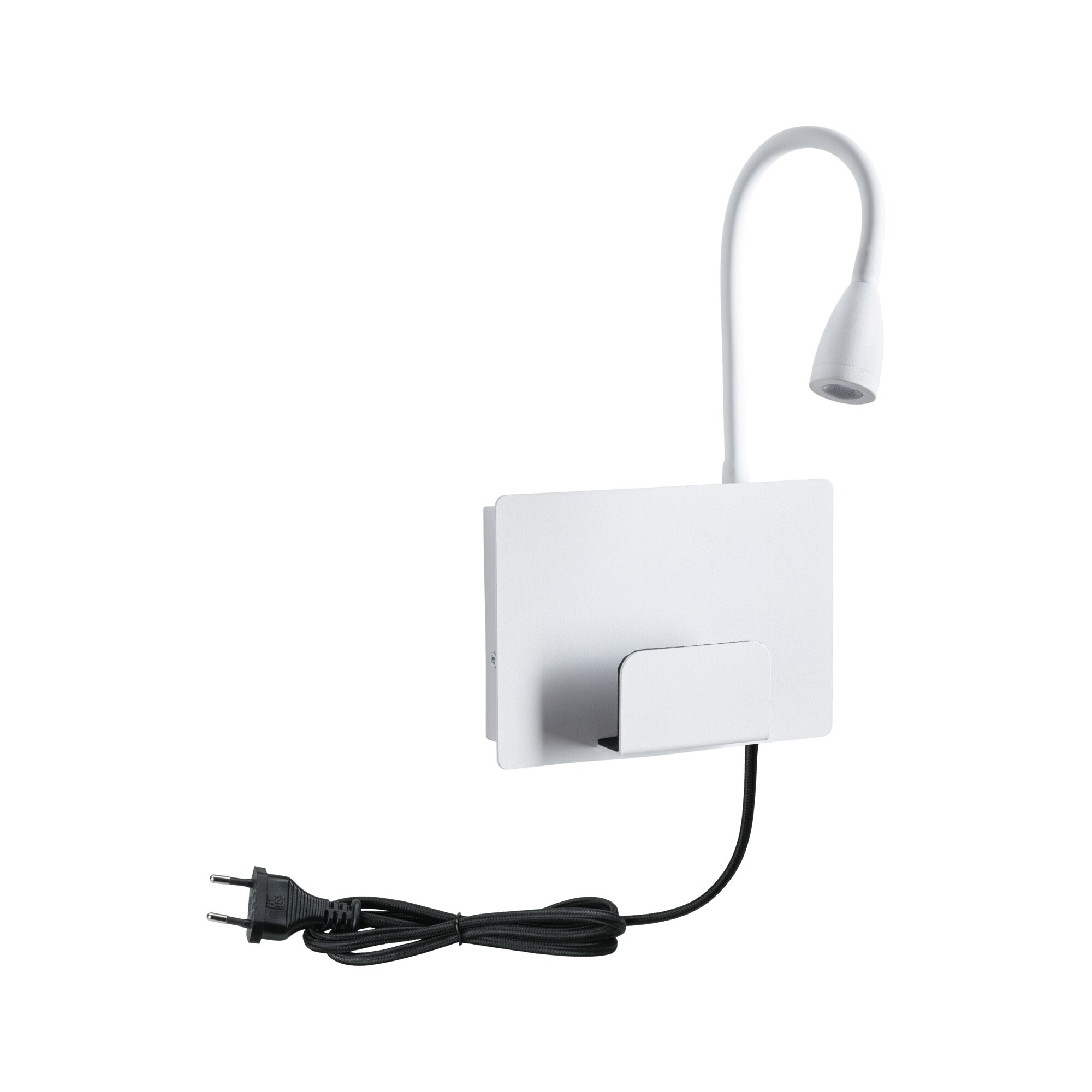 Witte LED-wandlamp met flexibele leesarm en zwarte kabel voor moderne woonverlichting
