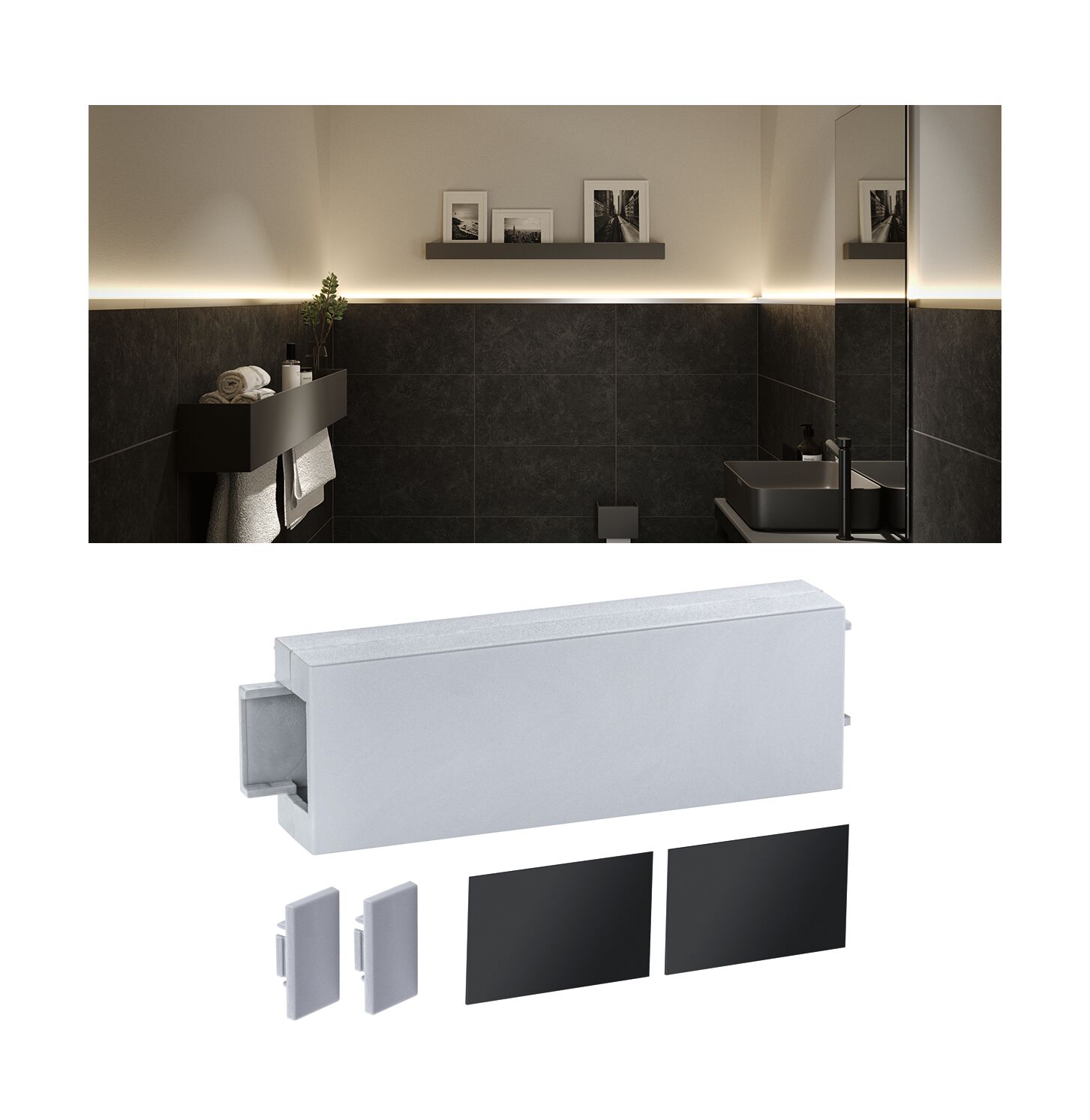 Élément de profilé LED blanc avec caches noirs pour éclairage mural indirect dans salle de bain moderne
