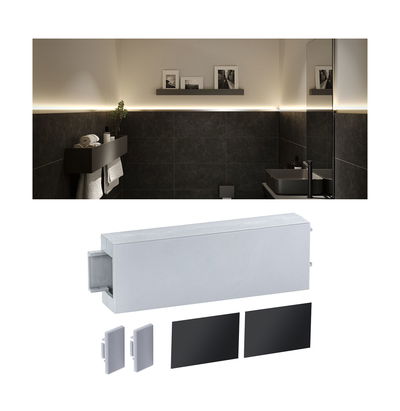 White LED profile element with black covers for indirect wall lighting in modern bathroom design