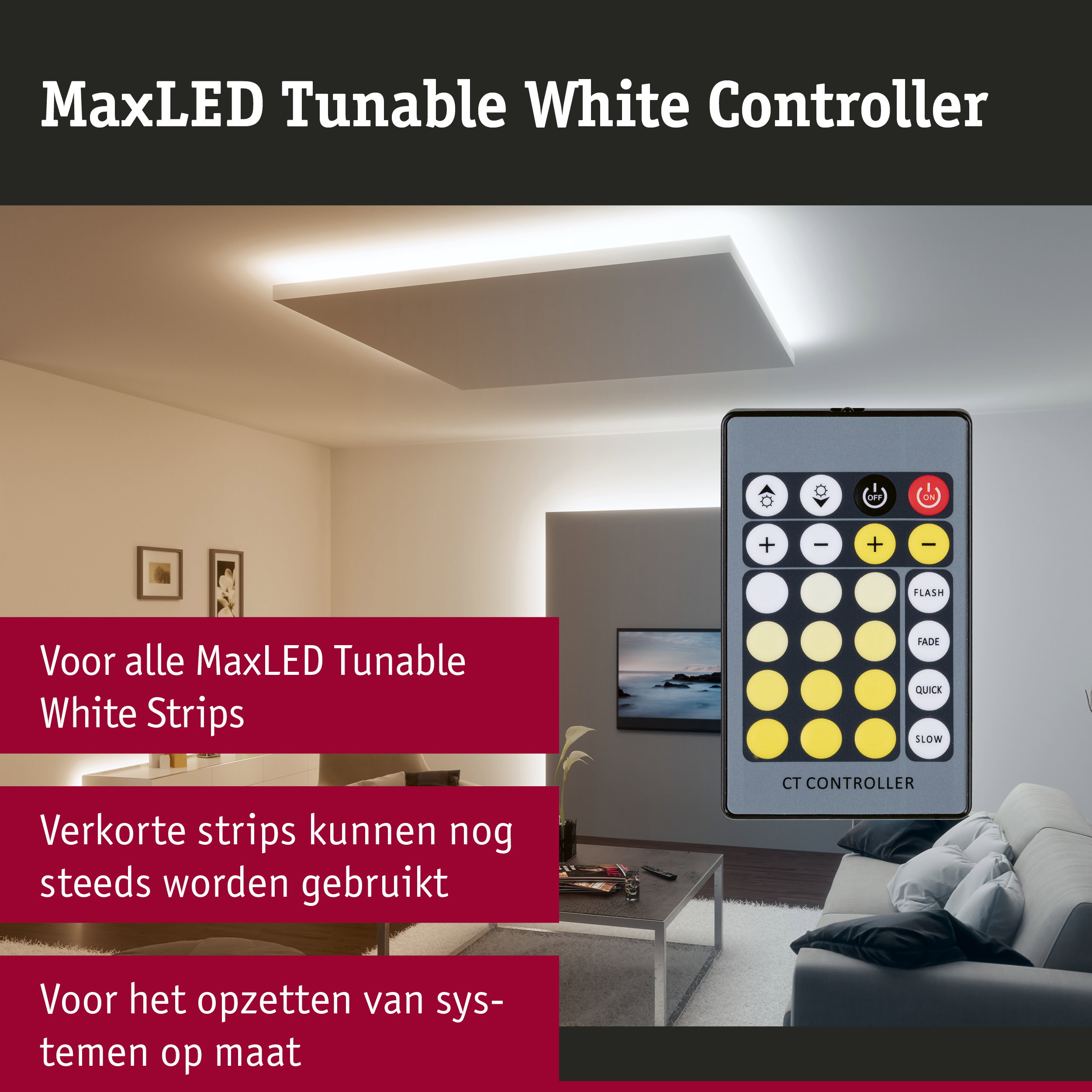 Afstandsbediening voor MaxLED Tunable White Controller met gele knoppen voor verlichting in woonkamer