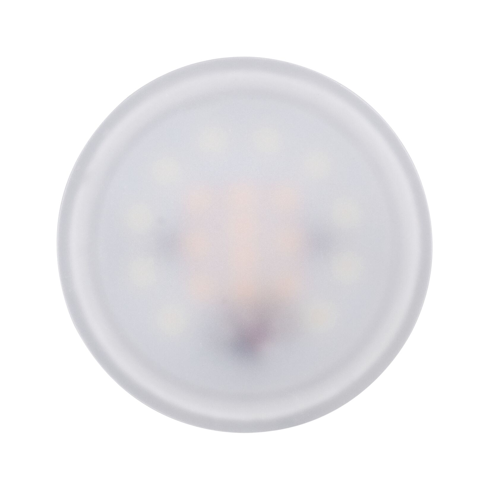 Round LED light bulb with frosted white plastic housing for energy-efficient lighting