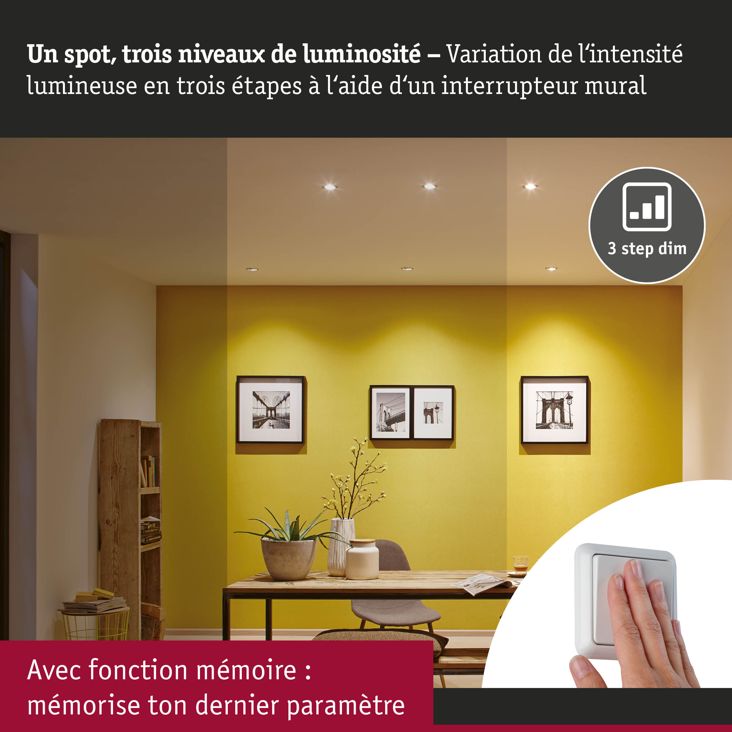 Spot LED dimmable en trois niveaux avec interrupteur mural et fonction mémoire pour salon
