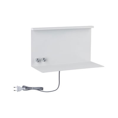 White metal wall shelf with two silver knobs and grey power cable for lighting setup
