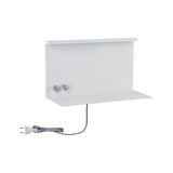 White metal wall shelf with two silver knobs and grey power cable for lighting setup