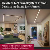 Flexibles Lichtkanalsystem Linion mit modularen LED-Leisten in modernem Wohnzimmer und Flur