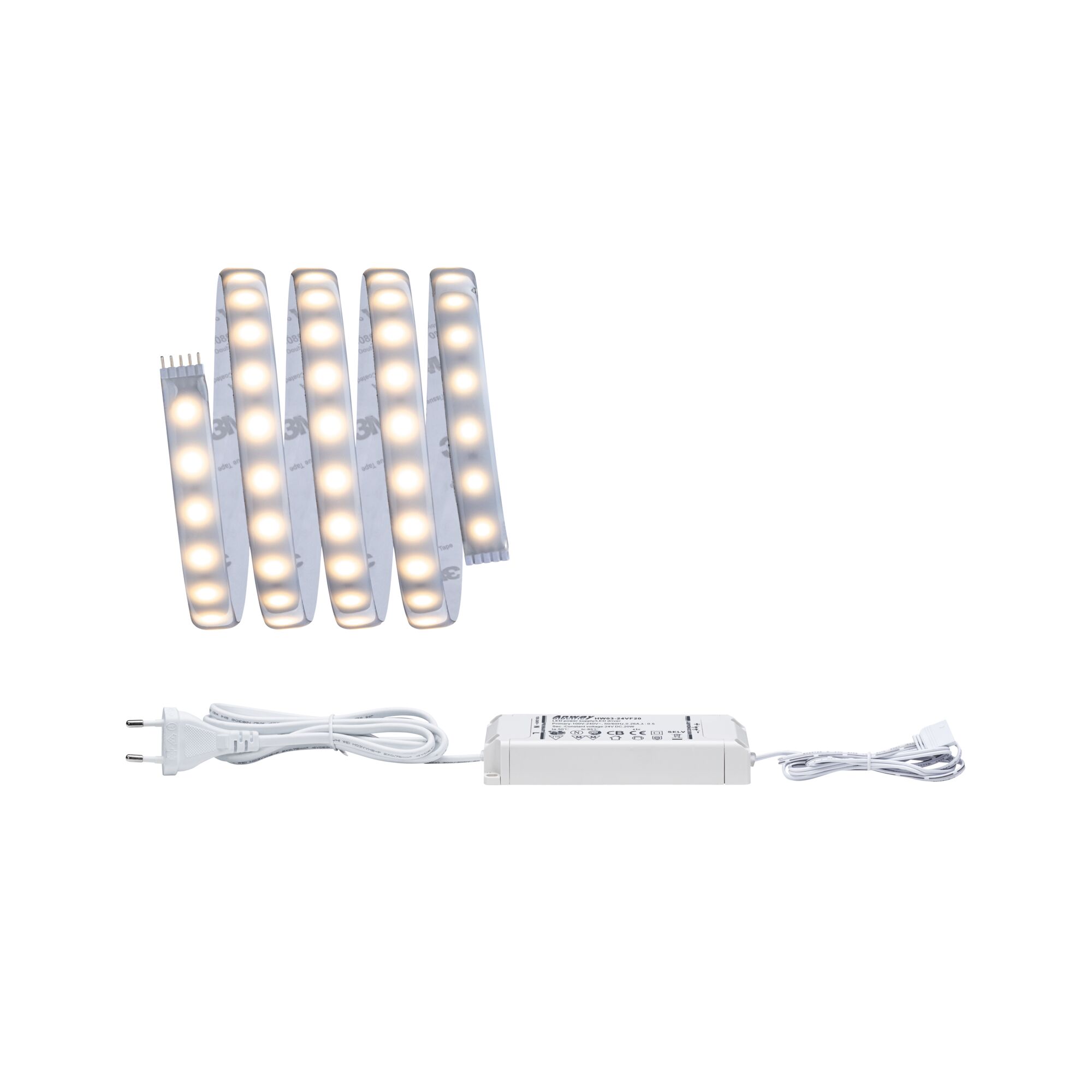 MaxLED 500 Strip LED Kit de base 1,5m blanc chaud revêtue 9W 550lm/m 2700K 20VA Bande LED flexible avec alimentation blanche et prise pour éclairage intérieur moderne