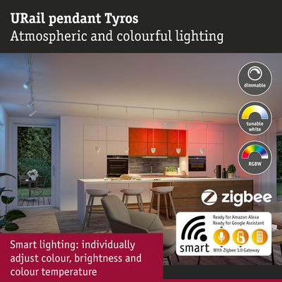 Modern kitchen with white URail Tyros pendant lights, dimmable and colour adjustable smart lighting
