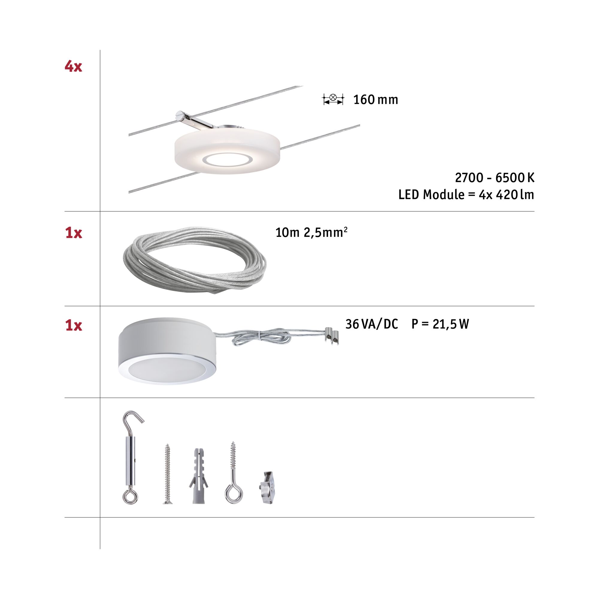 LED-kabelsysteem Smart Home Bluetooth DiscLED I Basisset 4x200lm 4x4W Tunable White dimbaar 230/12V Satijn