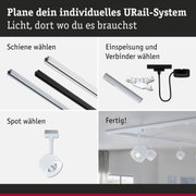 Modulares URail-Schienensystem mit weißen und schwarzen Schienen, Steckern und weißen Spots für flexible Beleuchtung