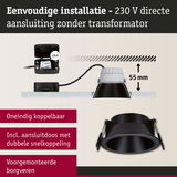 Zwarte inbouwspot met 55 mm inbouwdiepte en 230 V directe aansluiting zonder transformator