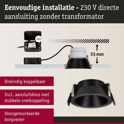 Zwarte inbouwspot met 55 mm inbouwdiepte en 230 V directe aansluiting zonder transformator