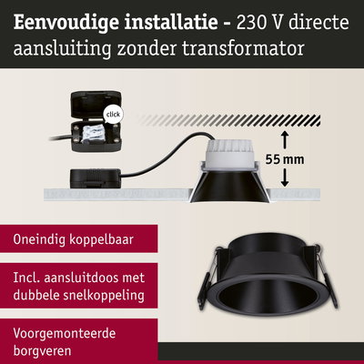 Zwarte inbouwspot met 55 mm inbouwdiepte en 230 V directe aansluiting zonder transformator