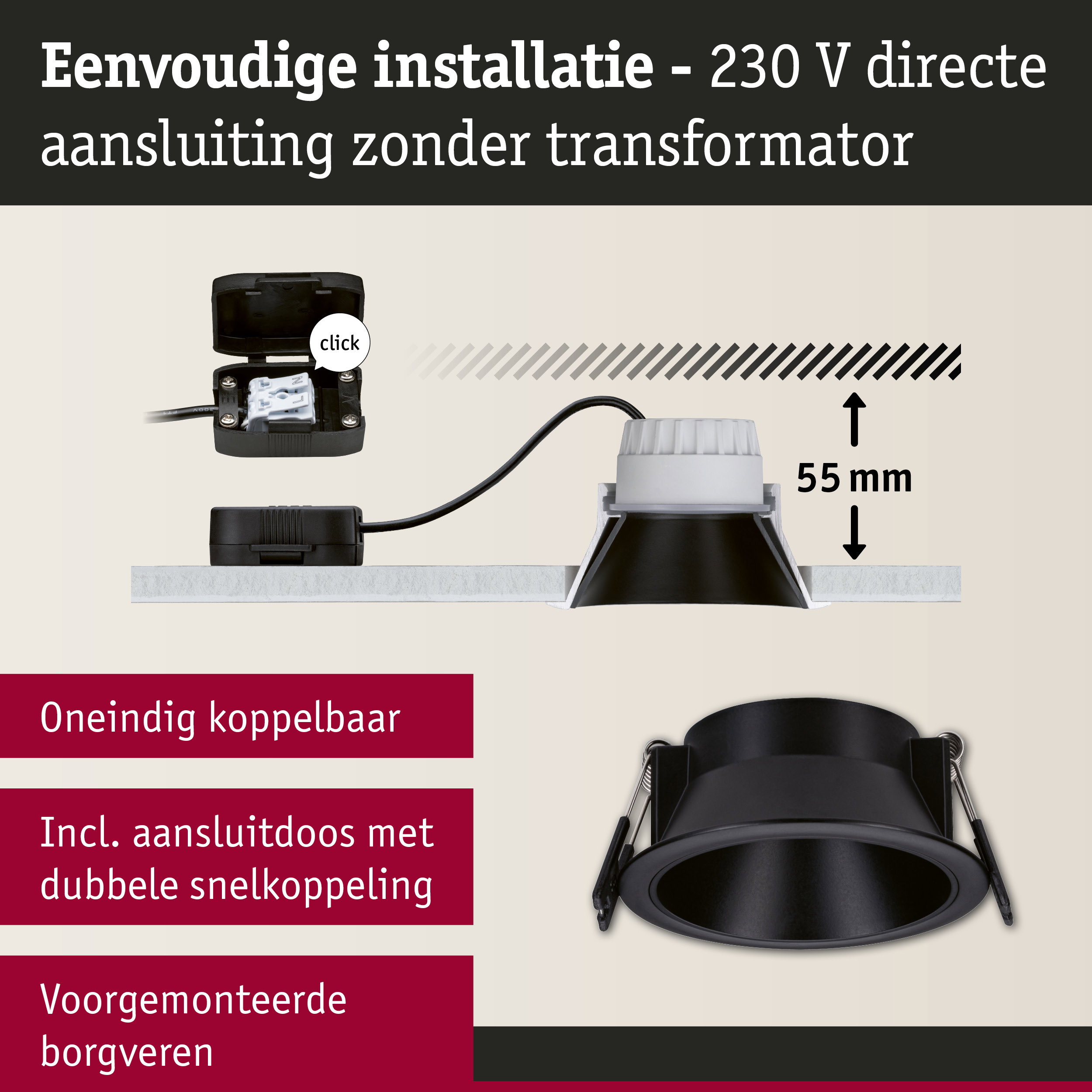 Zwarte inbouwspot met 55 mm inbouwdiepte en directe 230 V aansluiting zonder transformator