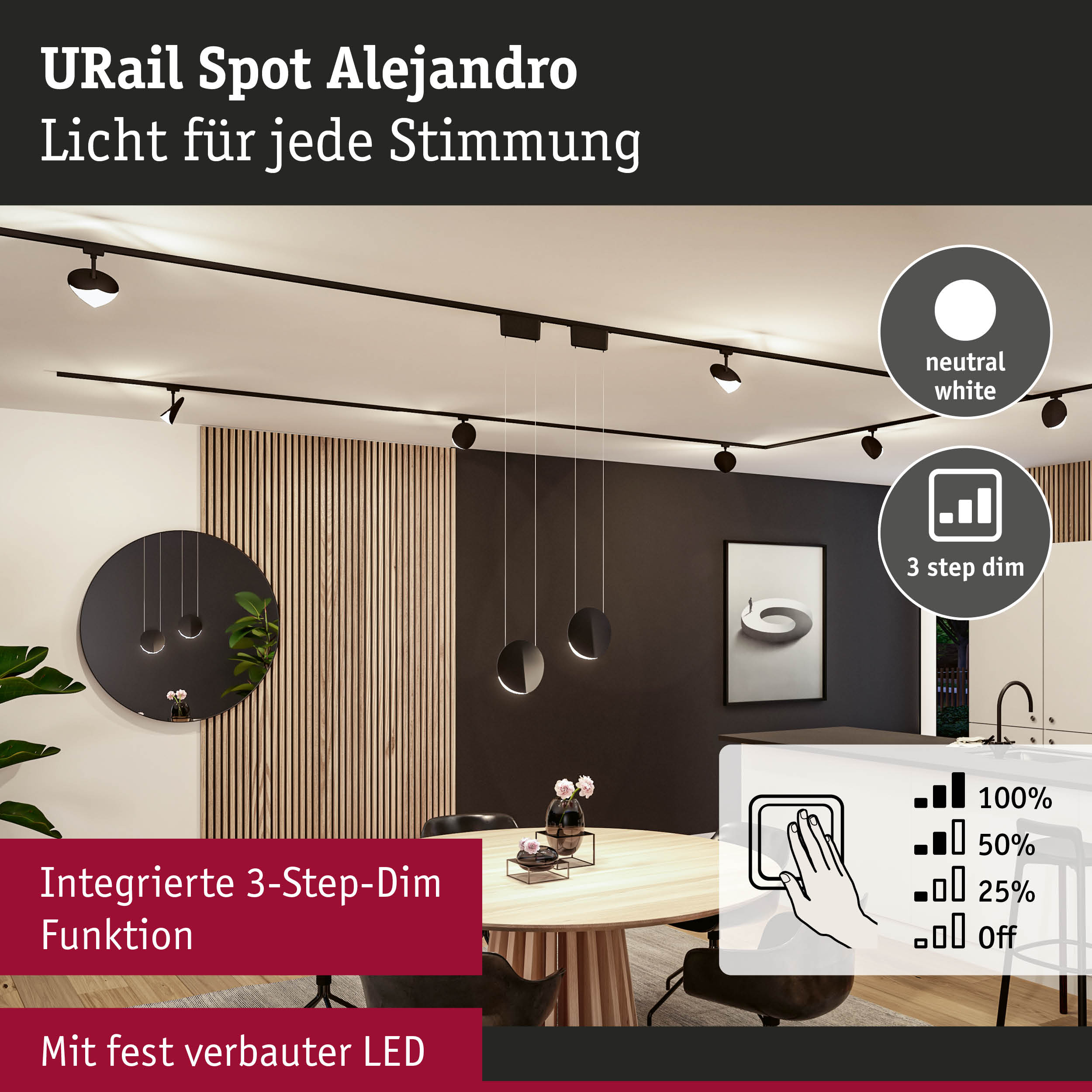 URail Spot Alejandro schwarze LED-Deckenleuchte mit 3-Stufen-Dim-Funktion für Wohnräume