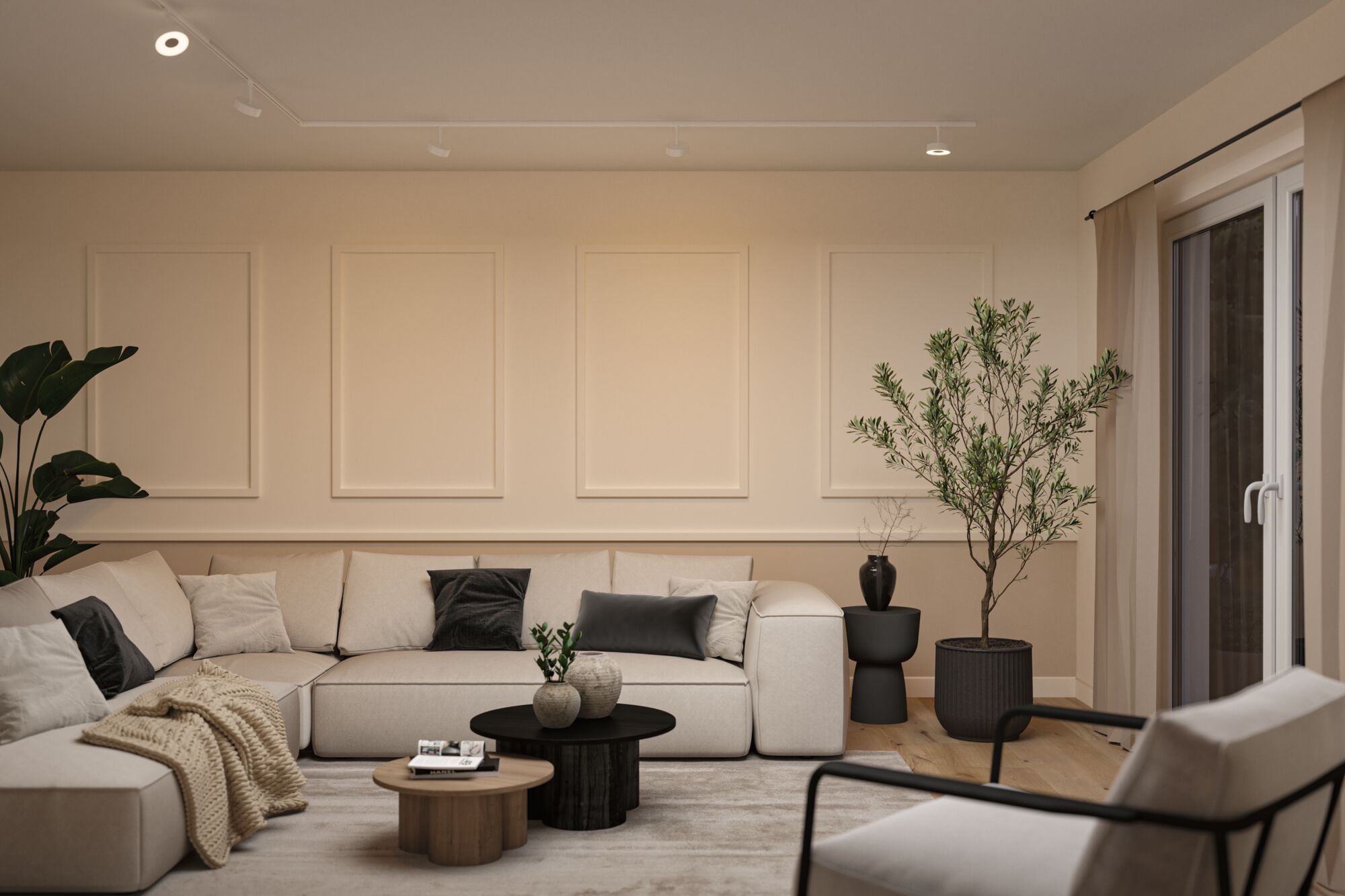 Modern living room with beige corner sofa, black and wooden coffee tables, plants, and ceiling spotlights