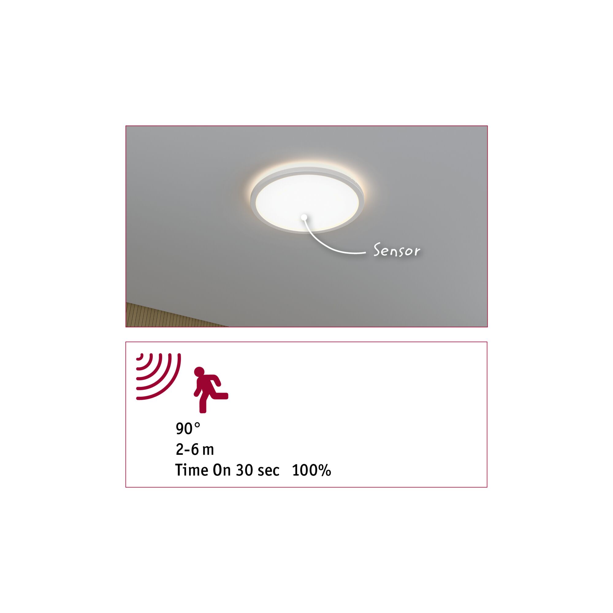 Round white LED ceiling light with built-in sensor and 90° motion detection for energy-efficient lighting