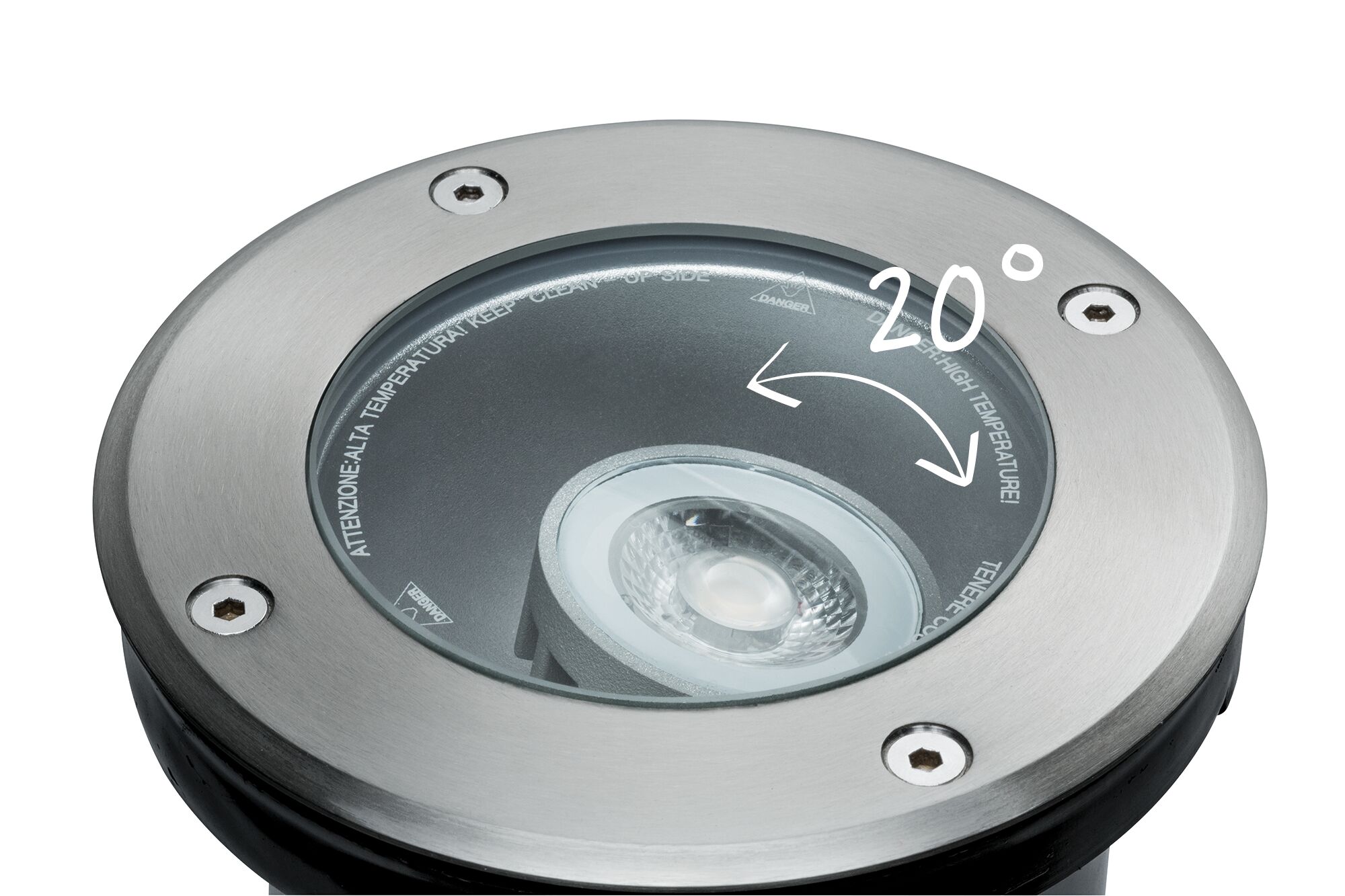 Spot LED encastré rond en acier inoxydable brossé avec inclinaison de 20° pour éclairage extérieur