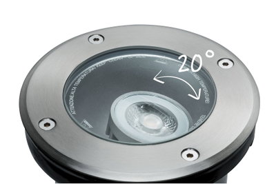 Spot LED encastré rond en acier inoxydable brossé avec inclinaison de 20° pour éclairage extérieur