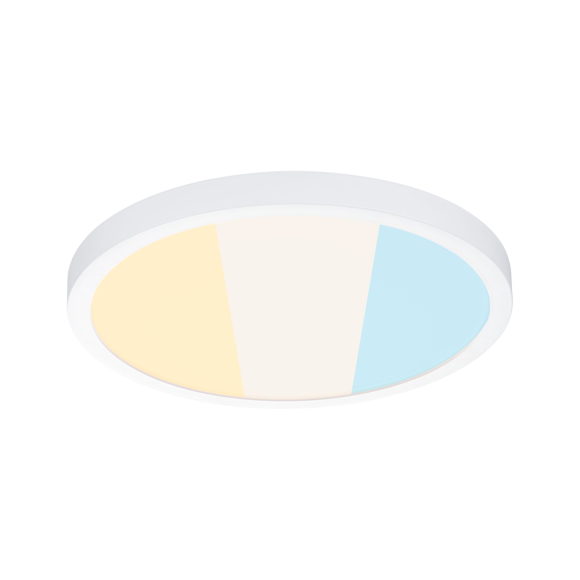 Runde weiße LED-Deckenleuchte mit einstellbarer Farbtemperatur in warm, neutral und kalt.