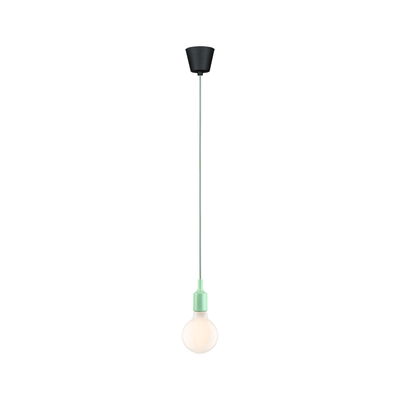 Minimalist pendant light with green plastic socket ring and black ceiling mount, LED bulb included