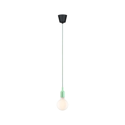 Minimalist pendant light with green plastic socket ring and black ceiling mount, LED bulb included
