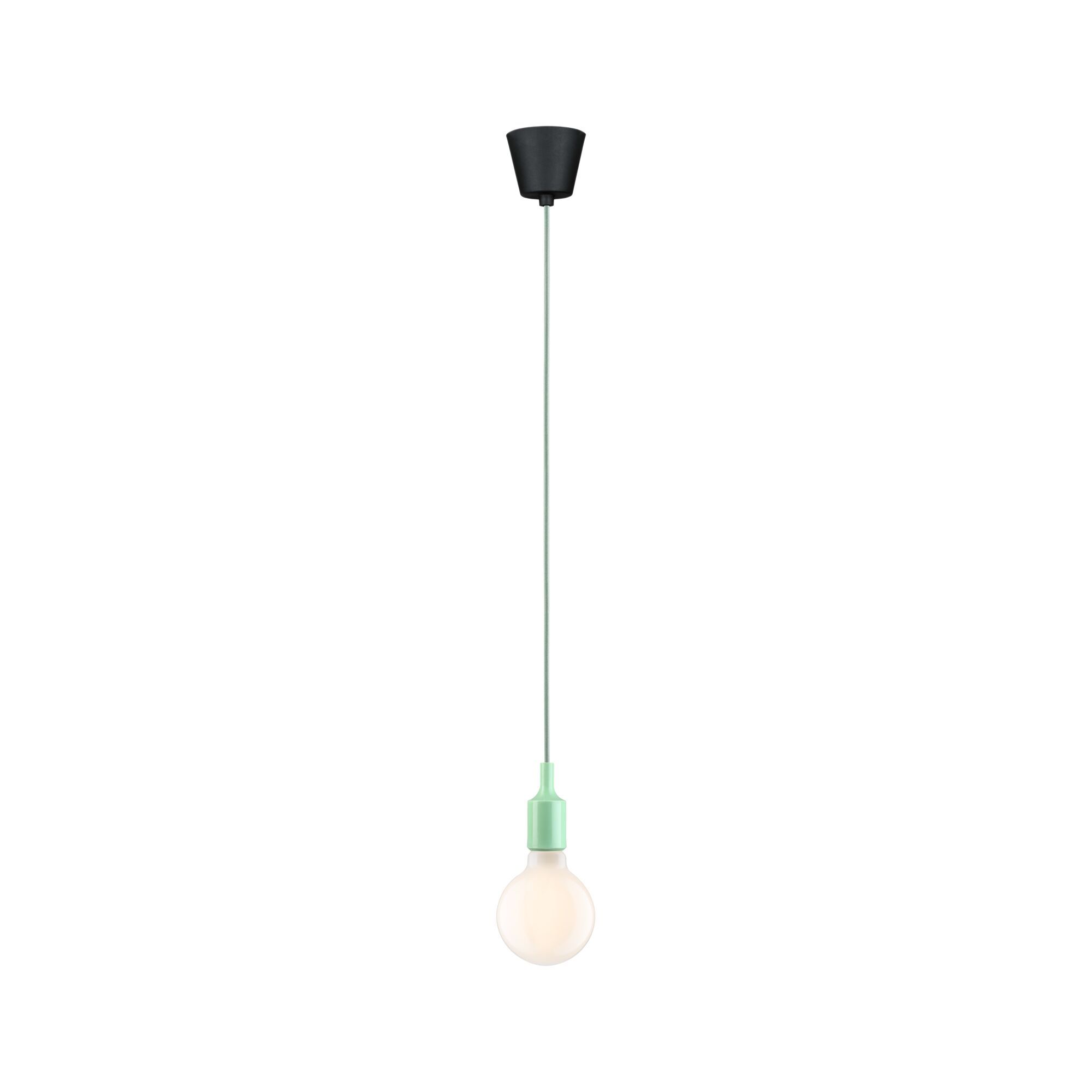Minimalistische Pendelleuchte mit grünem Kunststofffassungsring und schwarzer Deckenhalterung, LED-Glühbirne