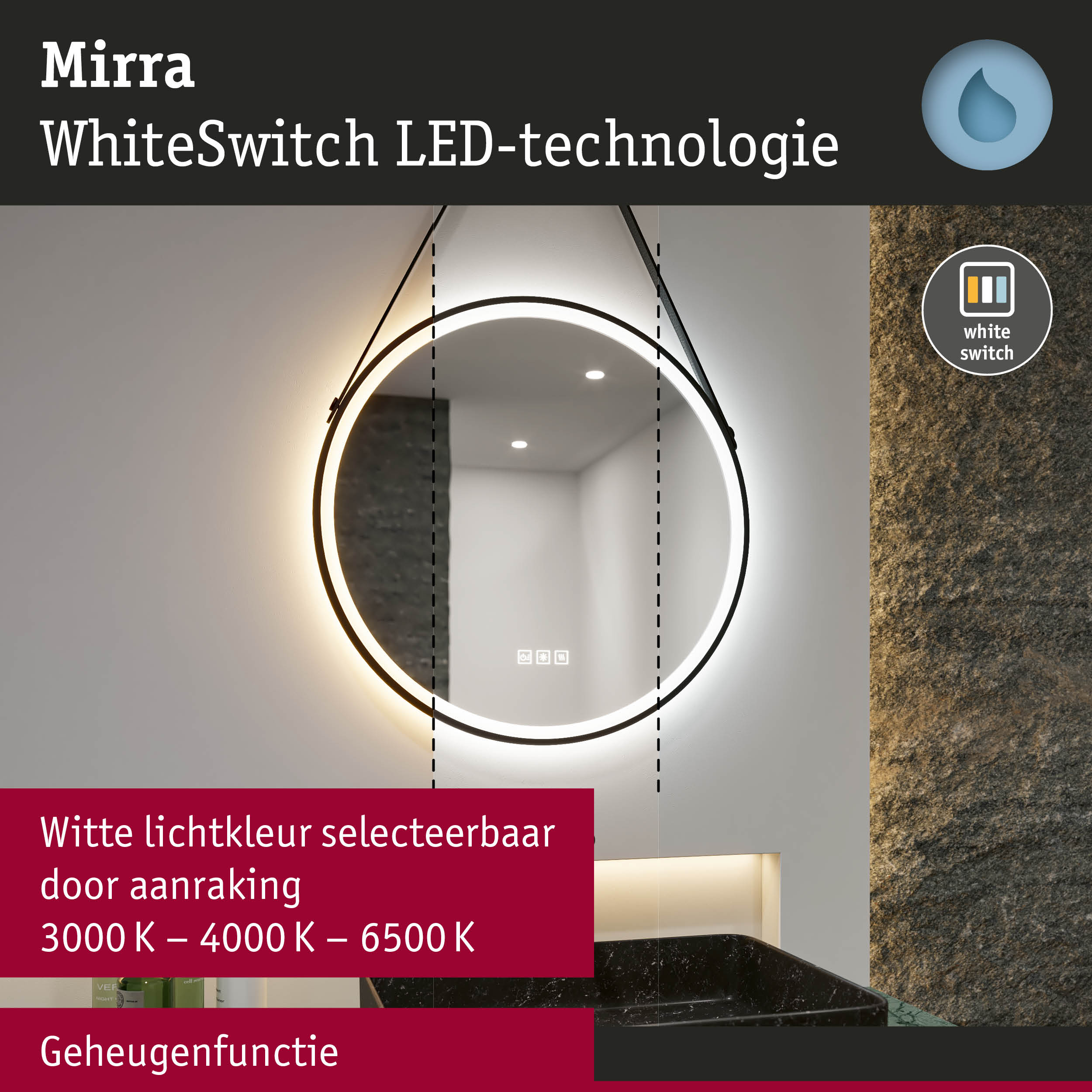 Ronde spiegel met zwarte rand en WhiteSwitch LED-technologie voor instelbare lichtkleur