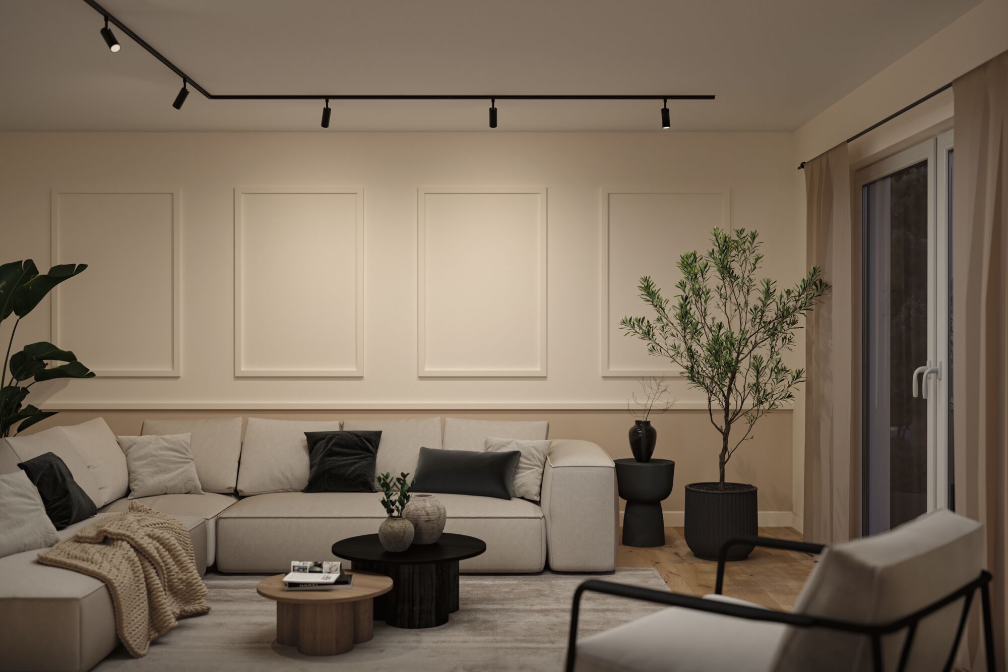 Modernes Wohnzimmer mit beigem Ecksofa, schwarzen Akzenten und minimalistischer Deckenbeleuchtung